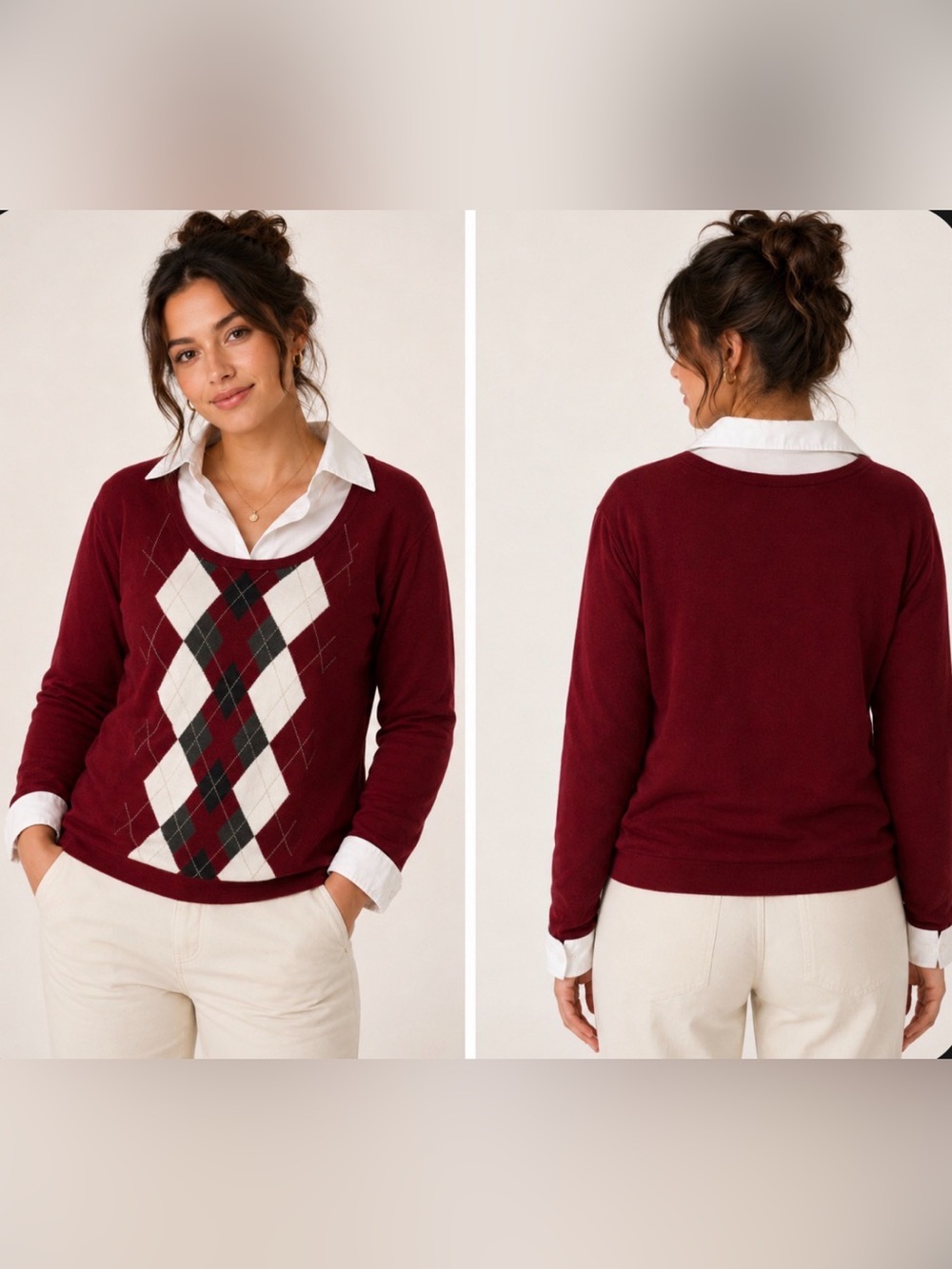Fred David Y2K Preppy Academia Red Argyle Crewneck Sweater White Collar Sz 14-16